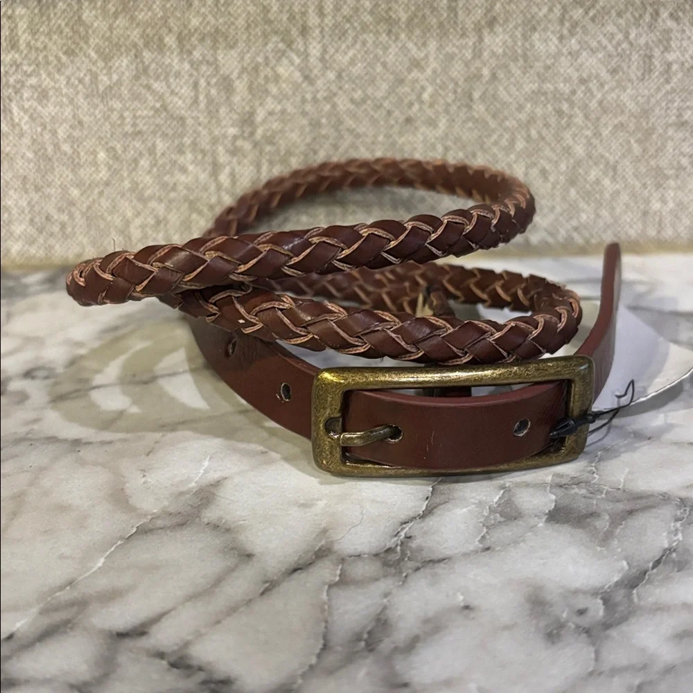 LODIS‎ Brown Leather Braided Round Skinny Adjustable Buckle Belt 42” Length